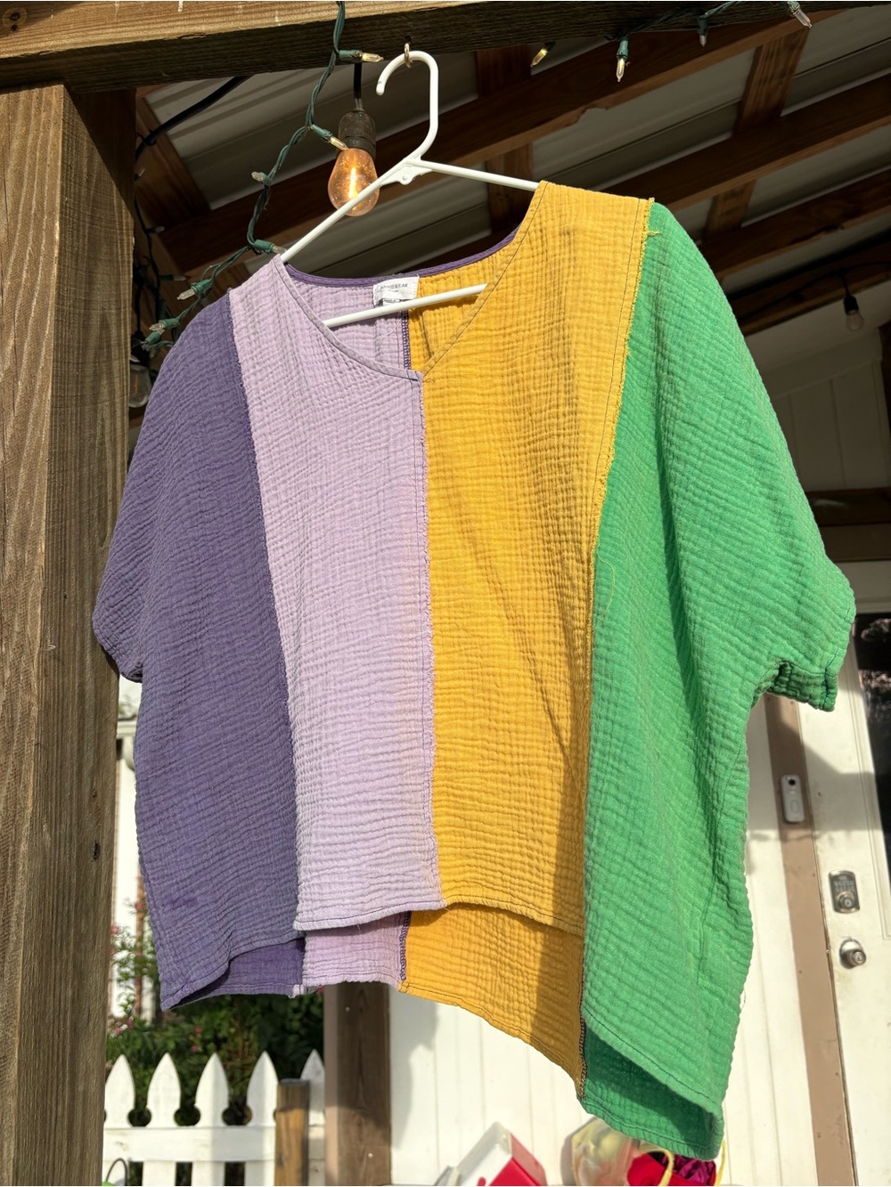 Annie Colorblock Gauze Short-Sleeve Top - Purple, Lavender, Mustard, Green